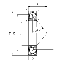 角接触球轴承 7322-B-JP, 根据 DIN 628-1 标准的主要尺寸，接触角 α = 40°