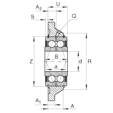轴承座单元 PCCJ40, 带四个螺栓孔的法兰的轴承座单元，铸铁，双列角接触球轴承，P 型密封