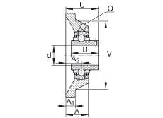 轴承座单元 RCJY1-1/4-206, 四角法兰轴承座单元，铸铁，根据 ABMA 15 - 1991, ABMA 14 - 1991 内圈带有平头螺栓，R型密封， ISO3228，英制