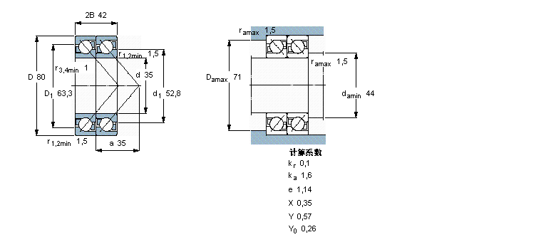 SKF 角接触球轴承, 单列，用于配对安装, 面对面配对2×7307BECBP样本图片