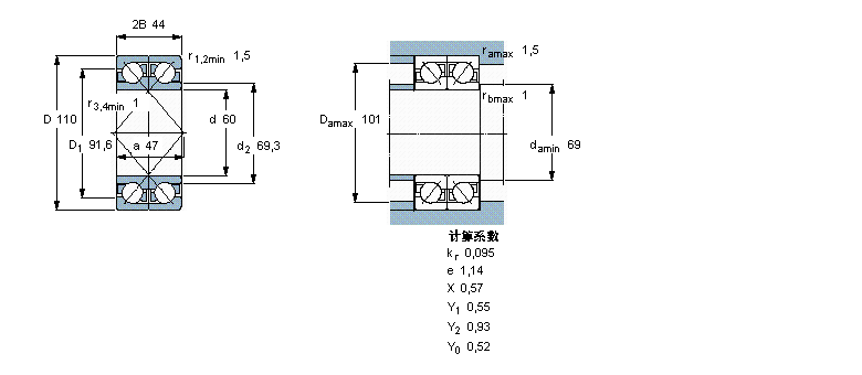 SKF 角接触球轴承, 单列，用于配对安装, 面对面配对2×7212BECBM样本图片