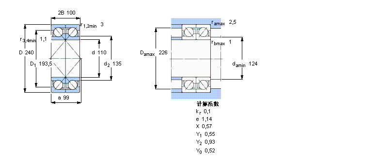 SKF 角接触球轴承, 单列，用于配对安装, 面对面配对2×7322BECBY样本图片