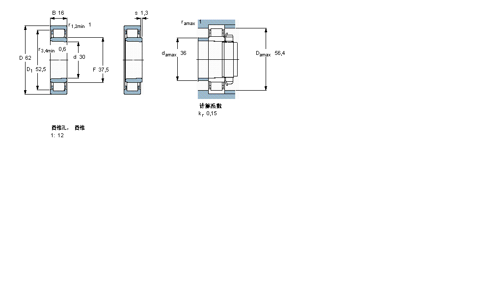 SKF 圆柱滚子轴承, 单列, NU 设计, 圆锥型内孔NU206ECKP样本图片