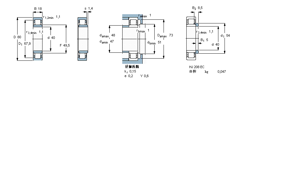 SKF 圆柱滚子轴承, 单列, NU 设计NU208ECM样本图片