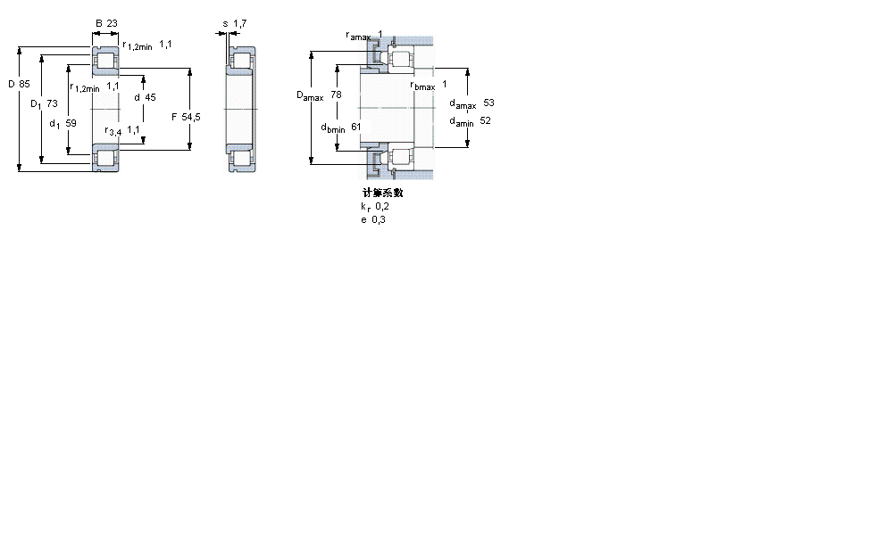 SKF 圆柱滚子轴承, 单列, NJ 设计, 于外圈的带止动槽NJ2209ECNJ样本图片