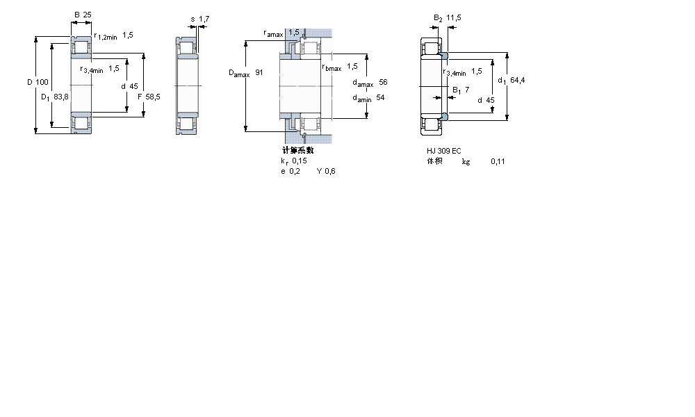 SKF 圆柱滚子轴承, 单列, NU 设计, 于外圈的带止动槽NU309ECNP样本图片