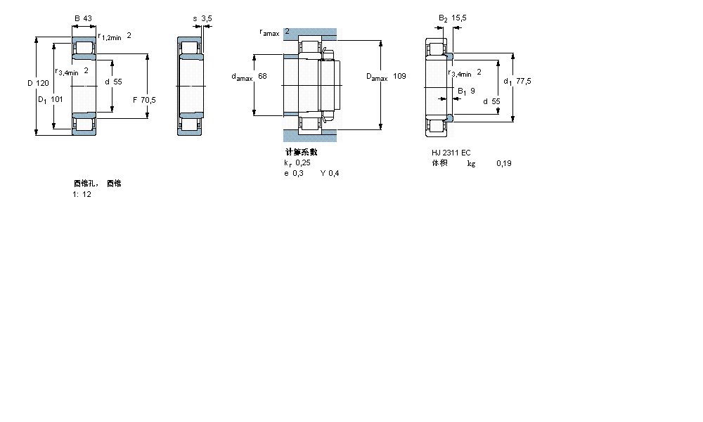 SKF 圆柱滚子轴承, 单列, NU 设计, 圆锥型内孔NU2311ECKML样本图片