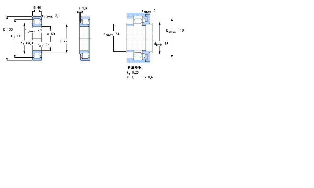 SKF 圆柱滚子轴承, 单列, NJ 设计, 于外圈的一个带定位槽NJ2312ECN1ML样本图片