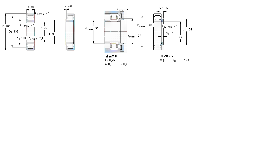 SKF 圆柱滚子轴承, 单列, NJ 设计, 于外圈的两个带定位槽NJ2315ECN2ML样本图片