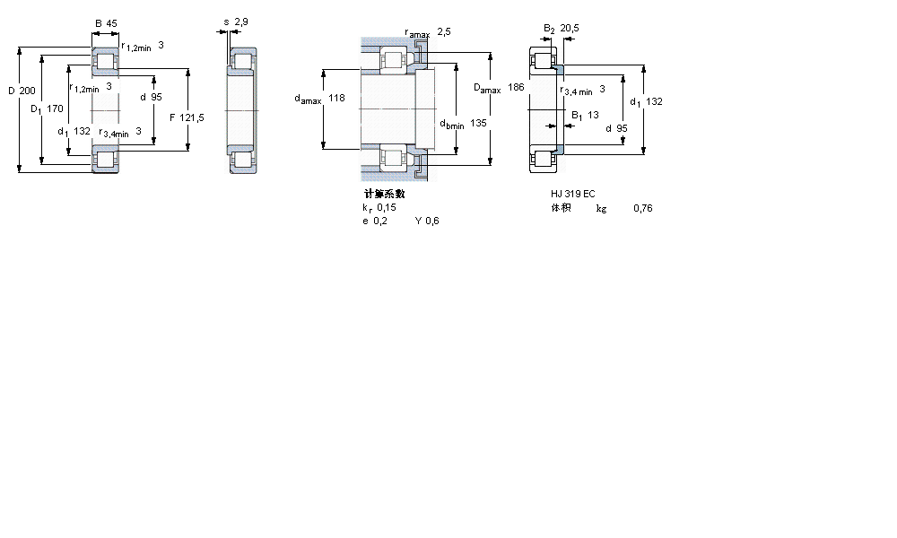 SKF 圆柱滚子轴承, 单列, NJ 设计, 于外圈的两个带定位槽NJ319ECN2ML样本图片