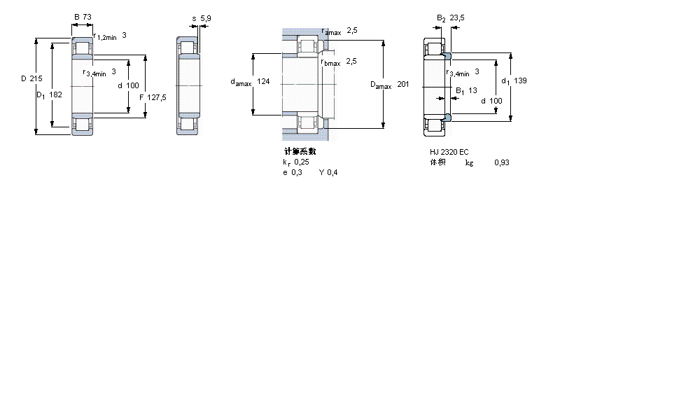 SKF 圆柱滚子轴承, 单列, NU 设计, 于外圈的一个带定位槽NU2320ECN1ML样本图片