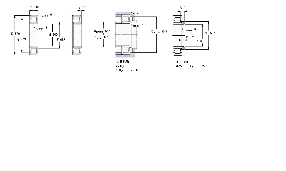 SKF 圆柱滚子轴承, 单列, NU 设计, 于外圈的两个带定位槽NU10/600N2MA样本图片