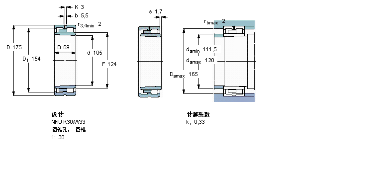 SKF 圆柱滚子轴承, 双列, NNU K, 圆锥型内孔NNU4121K30M/W33样本图片