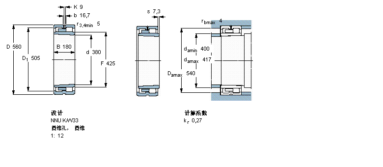 SKF 圆柱滚子轴承, 双列, NNU K, 圆锥型内孔NNU4076KM/W33样本图片