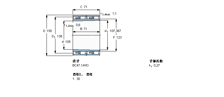 SKF 圆柱滚子轴承, 四列, BC4T.1, 圆锥型内孔319148B样本图片