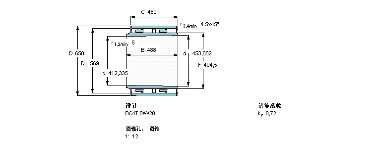 SKF 圆柱滚子轴承, 四列, BC4T.8, 圆锥型内孔, 延长内圈宽度BC4B467373VCA样本图片