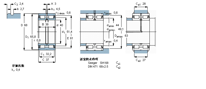 skf 圆柱滚子轴承, 双列满装滚子, 两面密封件, 双方向轴向负荷的挡边