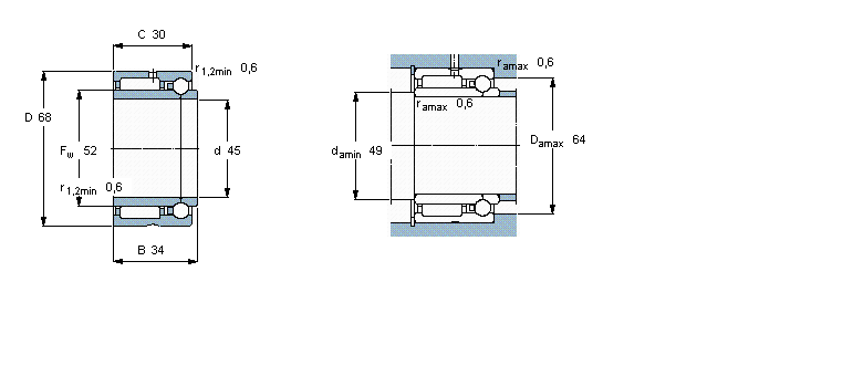 SKF 组合式滚针轴承, 滚针/角接触球轴承, 轴向负荷 双向NKIB5909样本图片