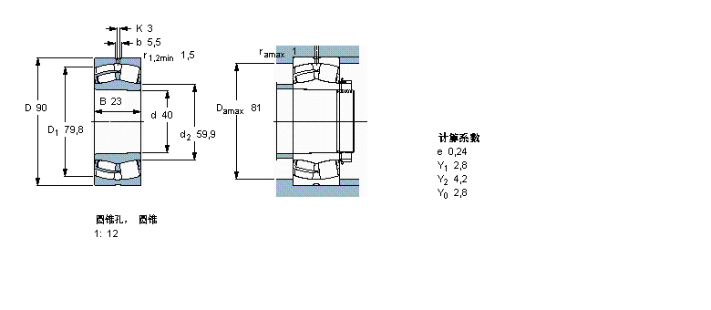 SKF 球面滚子轴承, 圆柱和圆锥孔, 圆锥型内孔, 无密封件21308EK样本图片