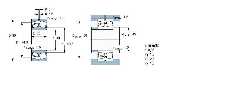 SKF 球面滚子轴承, 圆柱和圆锥孔, 圆柱型内孔, 无密封件22308E样本图片