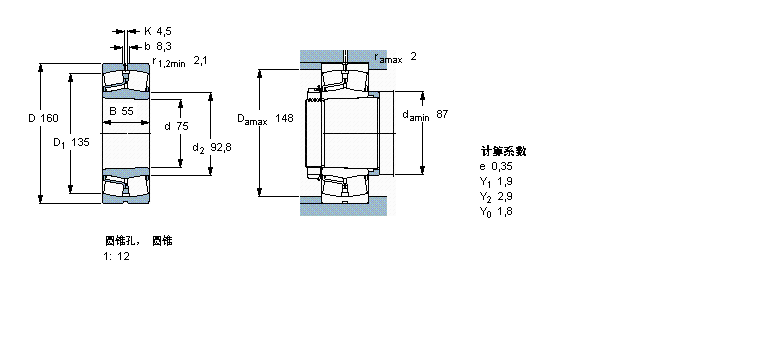 SKF 球面滚子轴承, 圆柱和圆锥孔, 圆锥型内孔, 无密封件22315EK样本图片