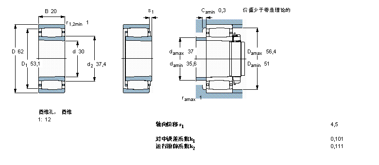 SKF CARB圆环滚子轴承, 圆柱和圆锥孔, 圆锥型内孔, 与保持架C2206KTN9样本图片