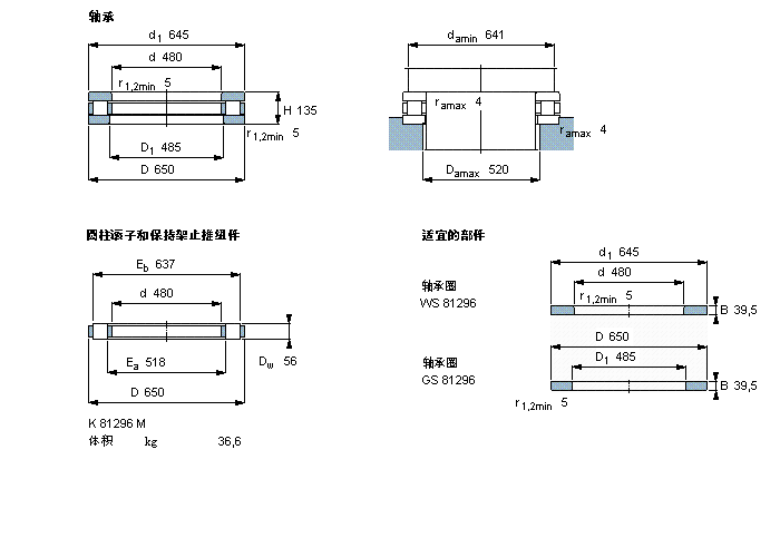 SKF 圆柱滚子推力轴承, 轴承 / 圆柱滚子和保持架止推组件81296M样本图片