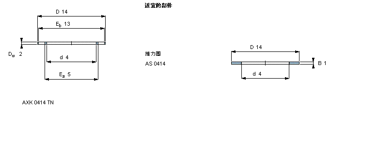 SKF 滚针推力轴承, 滚针与保持架推力组件 and bearings with centring spigot, 滚针与保持架推力组件AXK0414TN样本图片