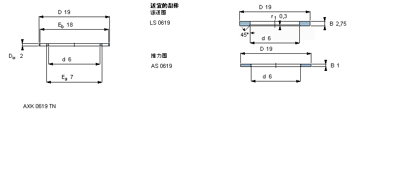 SKF 滚针推力轴承, 滚针与保持架推力组件 and bearings with centring spigot, 滚针与保持架推力组件AXK0619TN样本图片