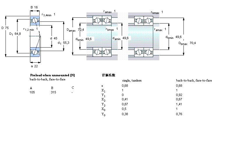 SKF 角接触球轴承, 精密, ACE, contact angle 25°7009ACE/P4A样本图片