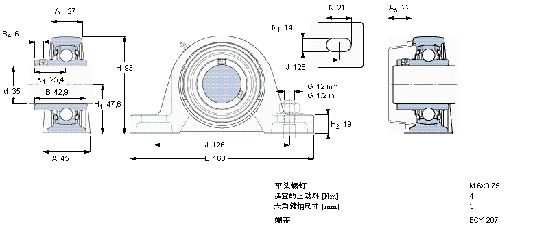 SKF Y-型立式轴承座单元, 铸造轴承座，平头螺钉锁紧定, 公制轴承SY35TR样本图片