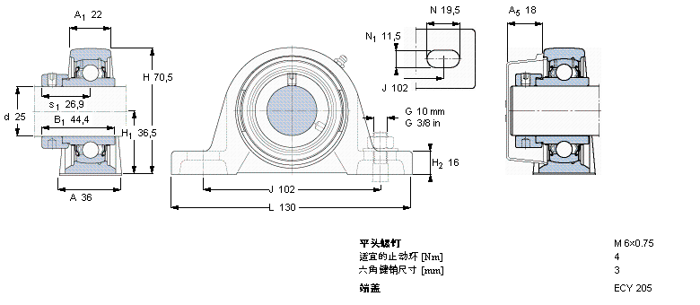 SKF Y-型立式轴承座单元, 铸造轴承座，偏心锁紧定轴环, 公制轴承SY25WF样本图片