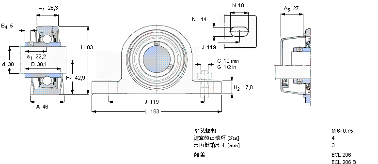 SKF Y-型立式轴承座单元, 聚酯轴承座，平头螺钉锁定，可用于食品行业的滑脂, 公制轴承SYL30TH样本图片