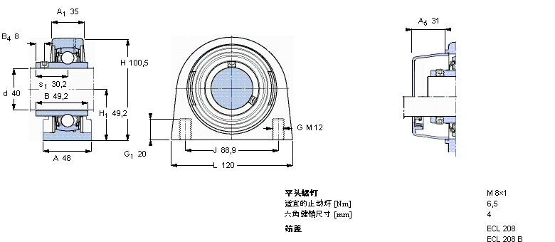 SKF Y-型立式轴承座单元, 短基座聚酯轴承座，平头螺钉锁定，可用于食品行业的滑脂, 公制轴承SYFL40TR/VE495样本图片