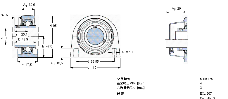 SKF Y-型立式轴承座单元, 短基座聚酯轴承座，平头螺钉锁定，可用于食品行业的滑脂, 公制轴承SYFL35TR/VE495样本图片