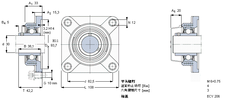 SKF Y-型轴承带法兰单元, Y-技术，方轴承座，平头螺钉锁定FYK30TF样本图片