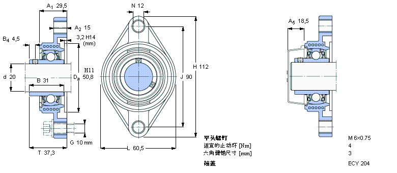 SKF Y-型轴承带法兰单元, Y-技术，椭圆轴承座，平头螺钉锁定FYTBK20TF样本图片