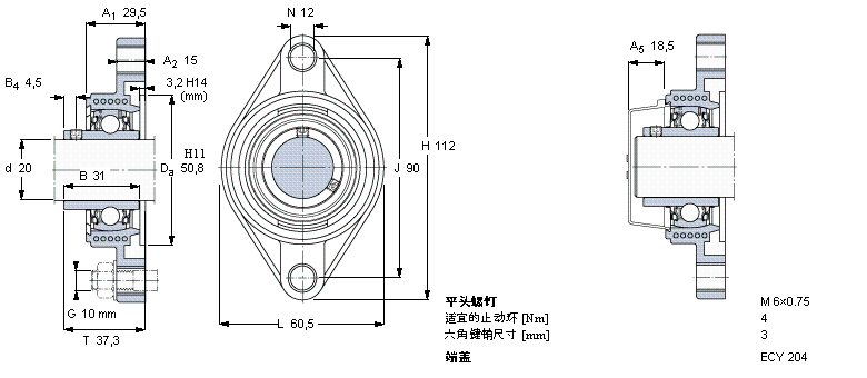 SKF Y-型轴承带法兰单元, Y-技术，椭圆轴承座，平头螺钉锁定FYTBK20TR样本图片