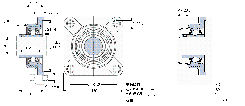 SKF Y-型轴承带法兰单元, Y-技术，方轴承座，平头螺钉锁定FYK40TR样本图片
