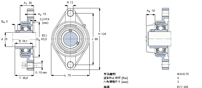 SKF Y-型轴承带法兰单元, Y-技术，椭圆轴承座，平头螺钉锁定，食品级用油脂FYTBKC25NTH样本图片