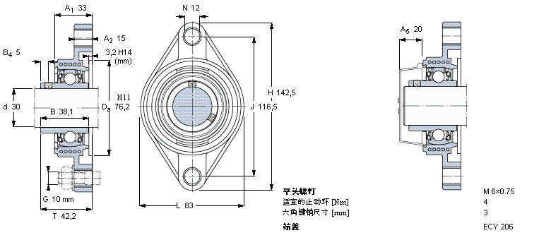 SKF Y-型轴承带法兰单元, Y-技术，椭圆轴承座，平头螺钉锁定FYTBK30TR样本图片