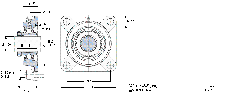 SKF Y-型轴承带法兰单元, 方形铸造轴承座，紧定套, 公制轴承FYJ35KF样本图片