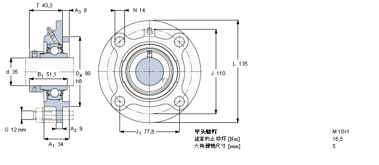 SKF Y-型轴承带法兰单元, 圆形铸造轴承座，偏心锁定轴环FYC35WF样本图片