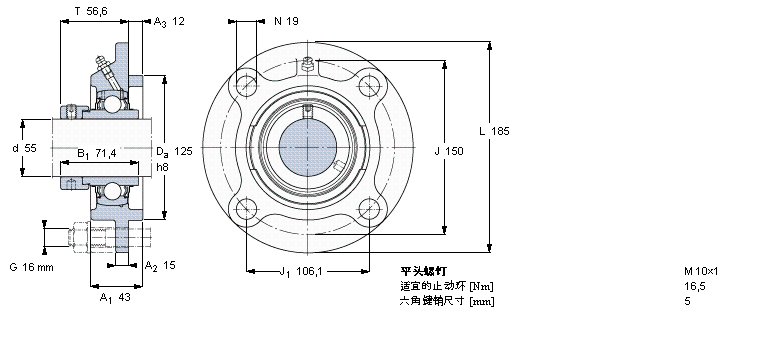 SKF Y-型轴承带法兰单元, 圆形铸造轴承座，偏心锁定轴环FYC55WF样本图片