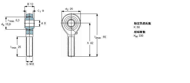 SKF 需要维护的杆端, 钢对青铜，阳螺纹SAKAC8M样本图片