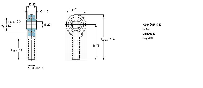 SKF 需要维护的杆端, 钢对青铜，阳螺纹SAKAC20M样本图片