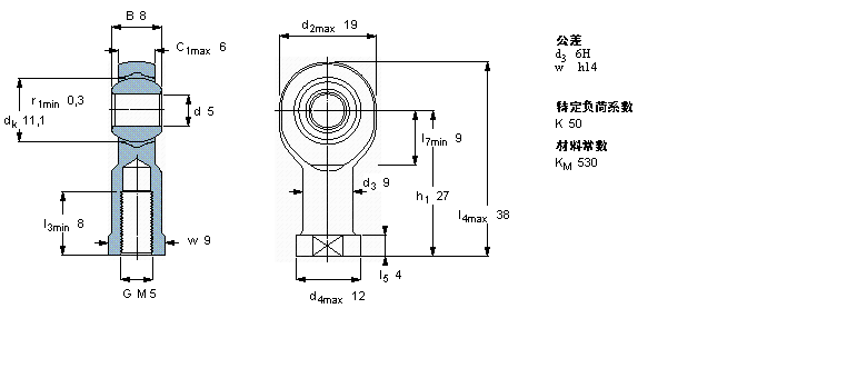 SKF 免维护杆端, 阴螺纹, 钢/PTFE复合材料SIKB5F样本图片